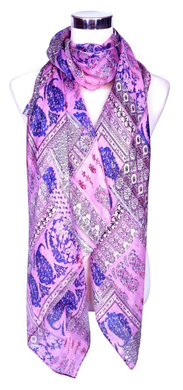 Scarf 100% Silk Paj Festive Colorful Pink Blue Grey